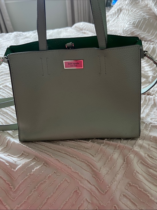 kate spade Handbags - kate spade gray-green Leather Tote with Pink Logo Plaque